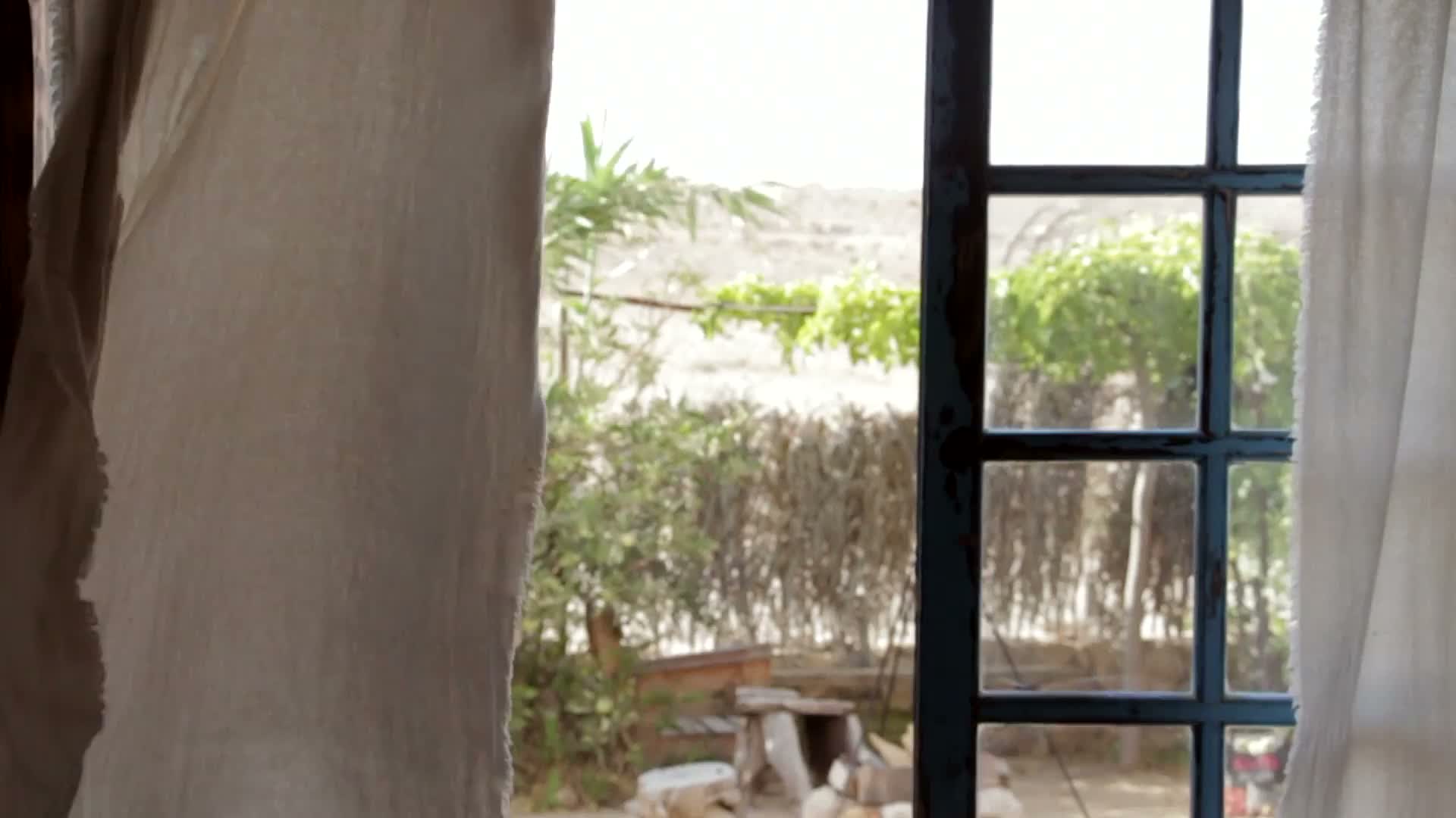 An open window and a moving curtain
